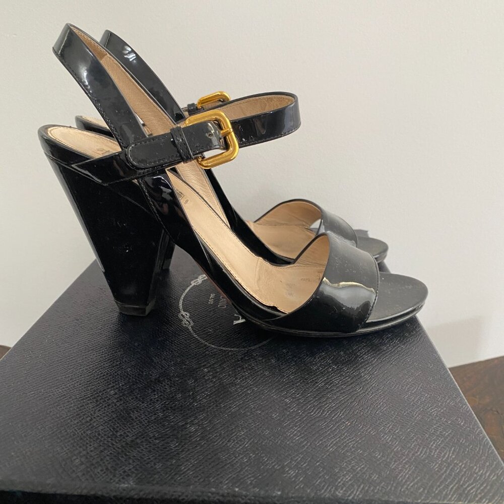 Prada Black Patent Leather Heeled Sandals Sz 36.5/6.5
